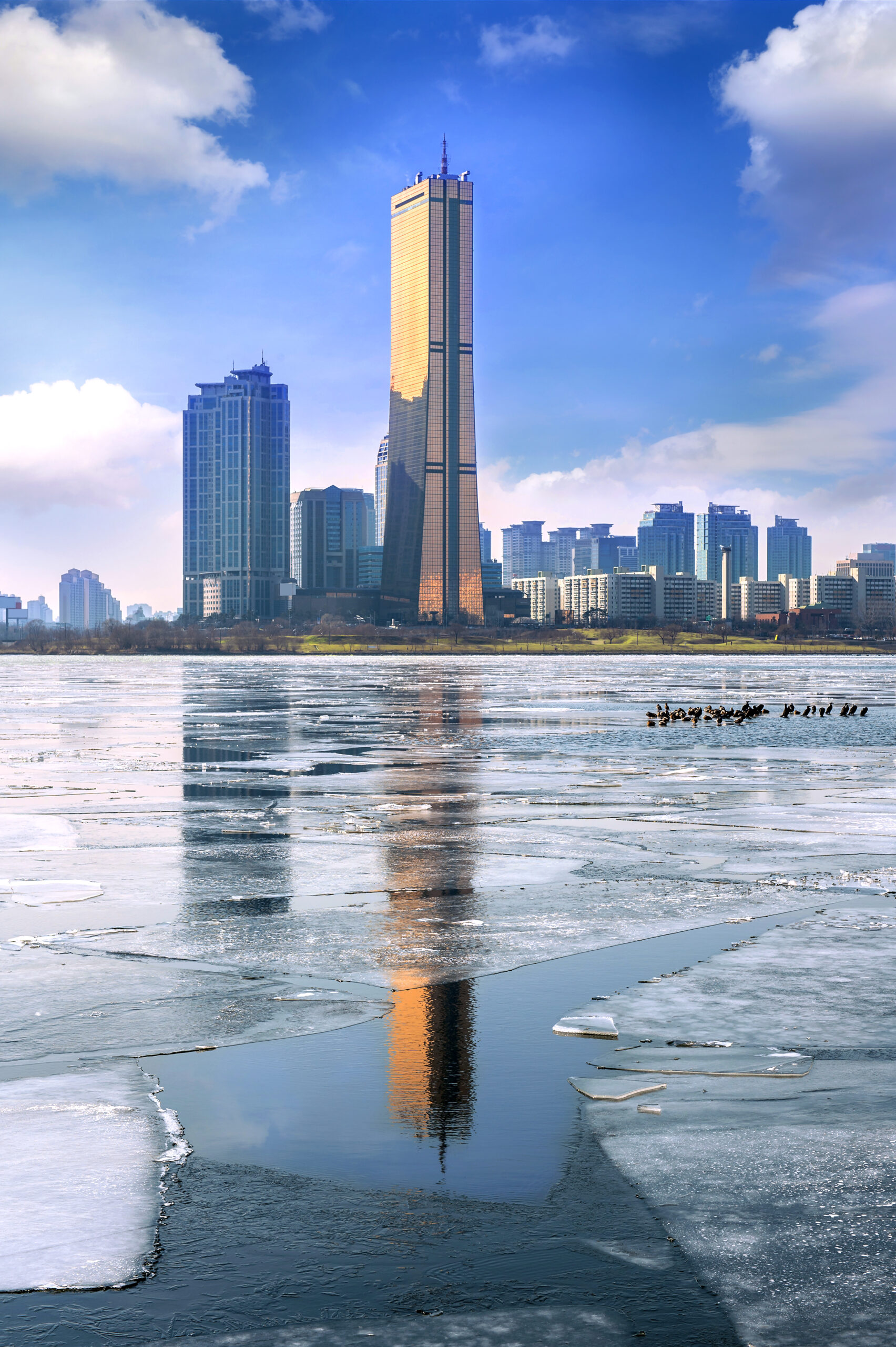 Ice of Han river and cityscape in winter,Seoul in South Korea.